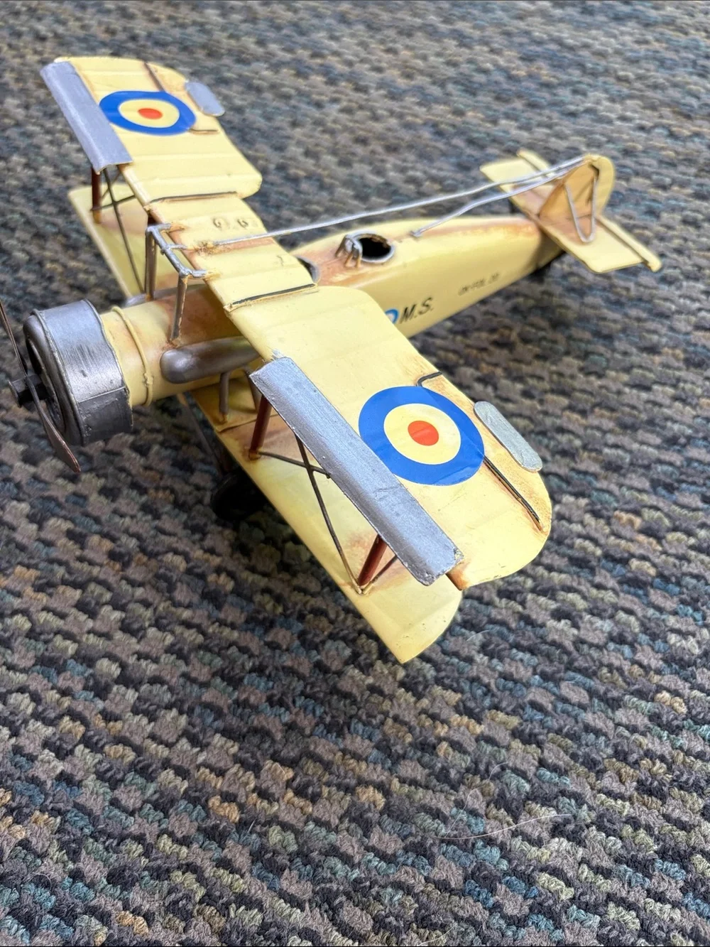 Vintage-Style Yellow Biplane Metal Toy